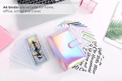 SKYDUE Budget Binder with Cash Envelopes, Purple, A6 Size, 6-Hole, 20-Page Capacity, 8 Dividers, Faux Leather