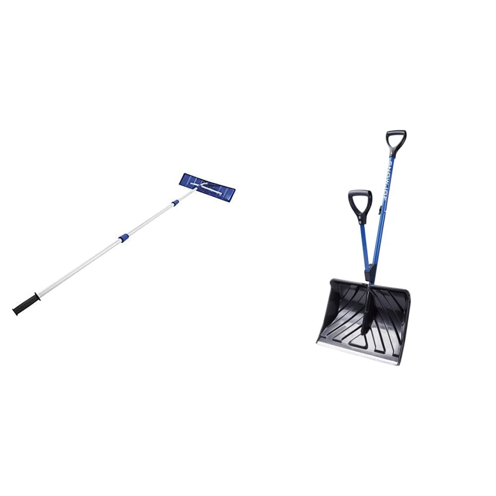Snow Joe RJ204M 21' Twist-n-Lock Telescoping Snow Shovel Roof Rake with 6" by 25" Poly Blade, 25 inches, Blue & Shovelution SJ-SHLV20 20-in Strain-Reducing Snow Shovel w/Spring Assisted Handle, Blue