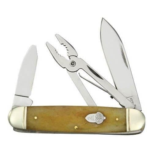 Rough Rider Pocket Pliers Fold Knife, SS spear blade, Smooth tobacco bone handle