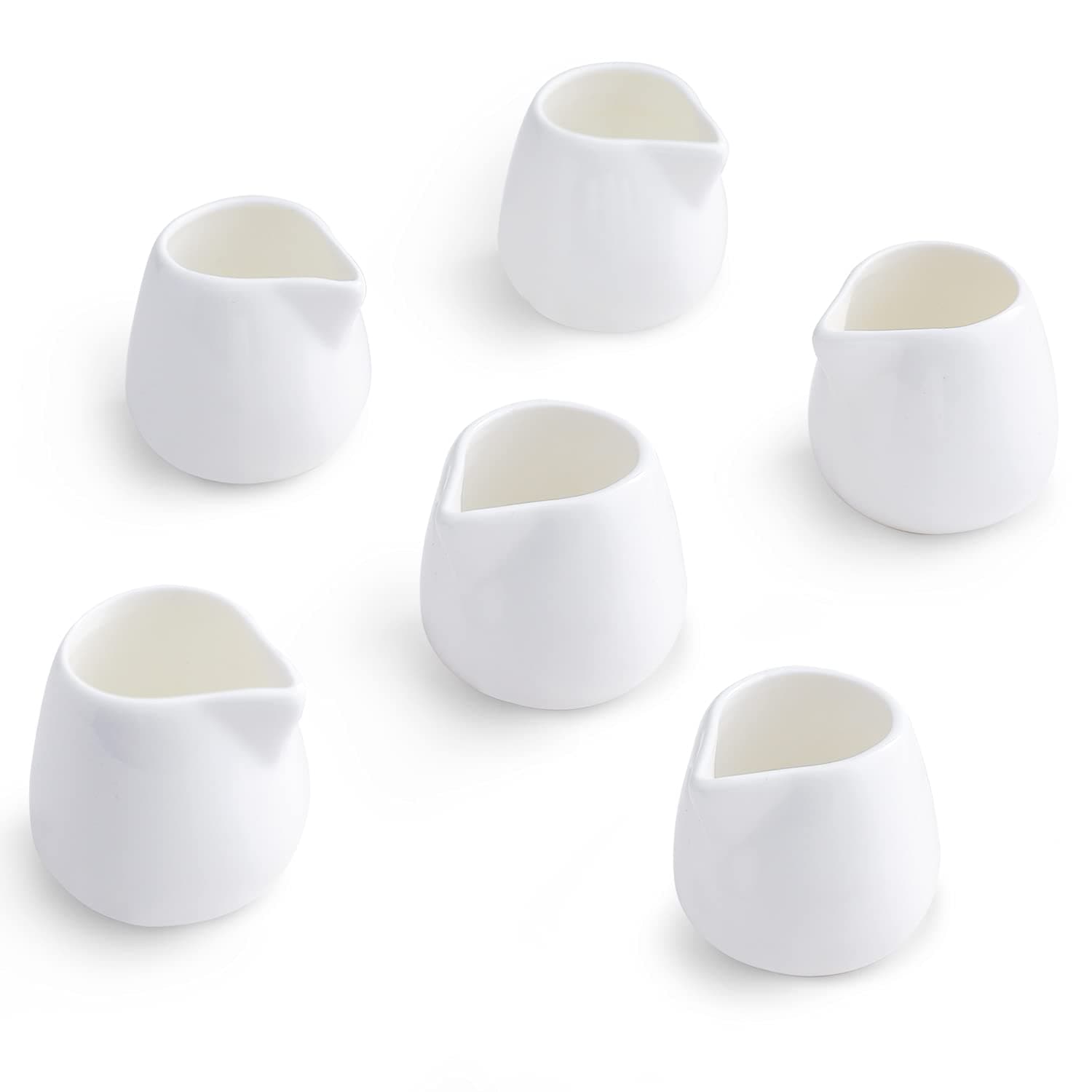 TAMAYKIM 3 oz Ceramic Cream Jugs, Mini Creamer Pitcher, White Porcelain Classic Creamers for Coffee, Tea, Milk, Jam, Sauces, 6 Pack