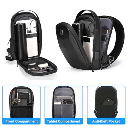 FENRUIEN Hard Shell Sling Bag for Men, Water Resistant Crossbody Backpack with USB Port, Black Chest Bag for Travel/Daily