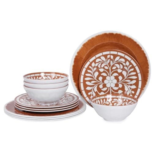 Melamine Plates and Bowls Set, 12-Piece Melamine Dinnerware Set, Dinner Serving Dishes Set for 4, Unbreakable, Brown-Yellow