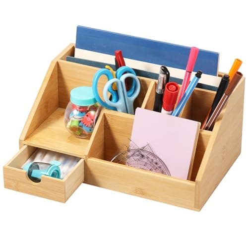 MENIBBLER Bamboo Desk Organizer with Drawer and Compartment Storage Shelf Rack Stackable Wood Storage Boxes for Home Office