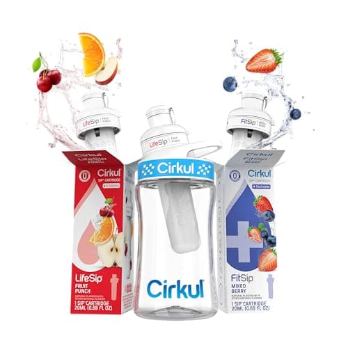Cirkul 12oz. BPA-Free Plastic Water Bottle Starter Kit for Kids with Blue Lid, 2 Flavor Cartridges (1 LifeSip Fruit Punch, 1 FitSip Mixed Berry), No Sugar, Zero Calorie Drink Mix