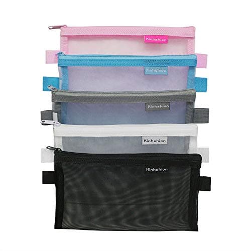 Kinhshion Clear Pencil Case,Mesh Zipper Pouch, Cosmetic Case Makeup bag Office Supplies and Travel Accessories,5 PCS 5 Colour. (605)