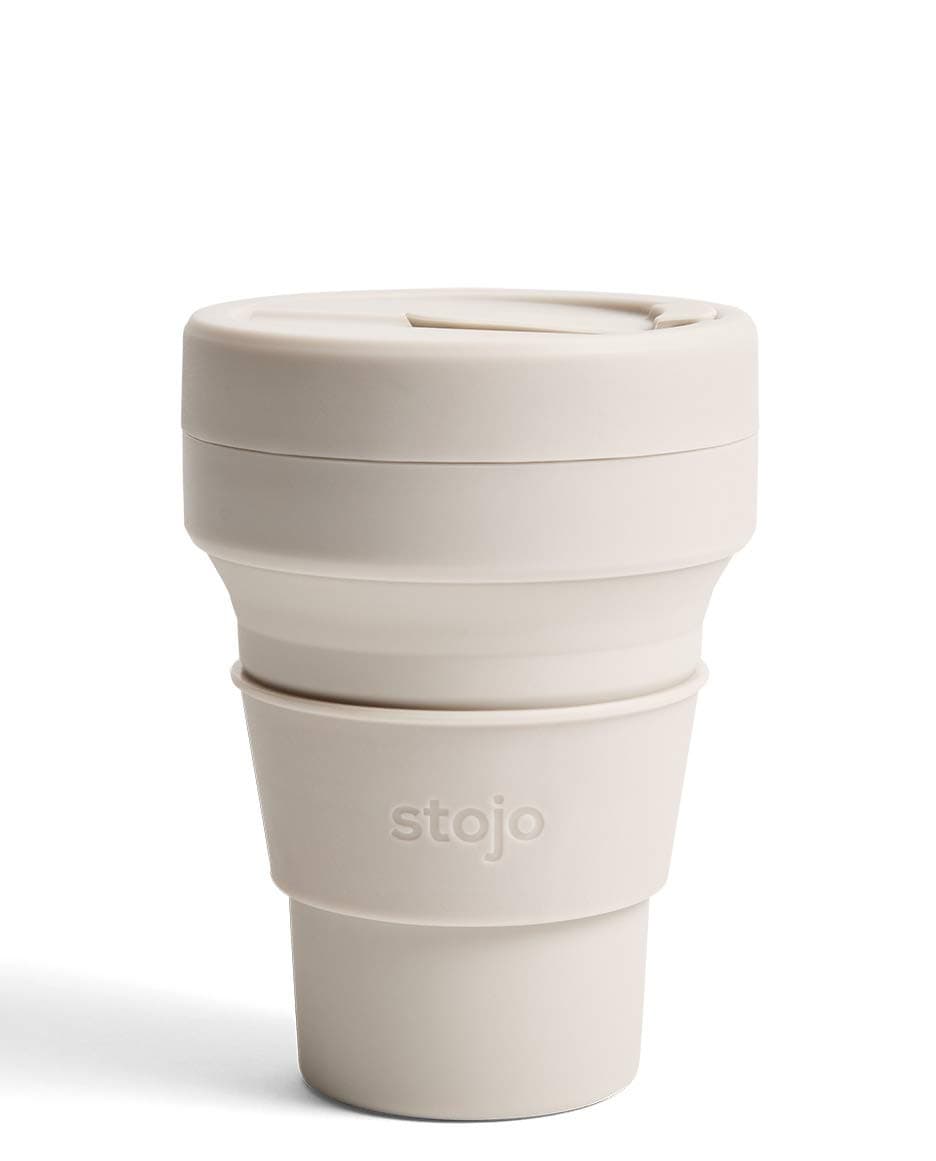 STOJO On-The-Go Collapsible Coffee Cup - 12oz / 355ml - Reusable & Foldable Silicone Travel Mug with Lid - Portable, Pocket Size - Dishwasher Safe - Oat