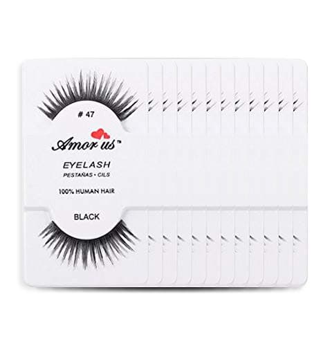 Amorus 12 Pairs Multipack #47 False Eyelashes Dozen Set 100% Natural Hair Black Handmade Comfortable Reusable Strip Fake Lashes Pack