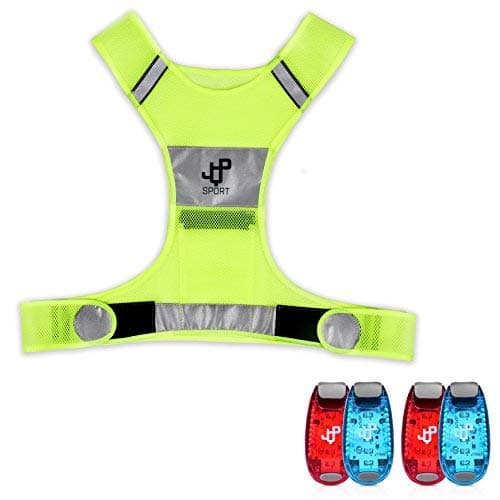 Running Vest and 4 LED Safety Light Set The Perfect Waterproof Running Light and Reflective Vest for Jogging Cycling Biking Strobe Light (L/XL)