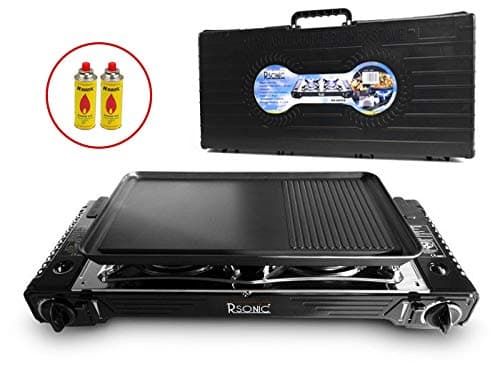 RSonic Deluxe Chrome Portable Double Gas Cooker with Grill Plate and Carry Case