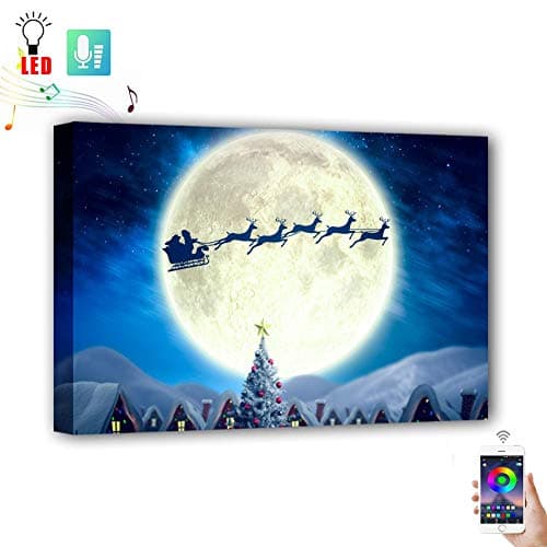 Led Canvas Painting Christmas Santa with Reindeer Crossing Moon in Winter, USB Power Buletooth Control with Timer Led Colors Change by Music Light up Wall Art Holiday Decor(12"x16"x1.26")