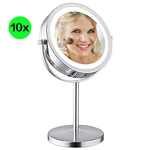 Best Vanity Makeup Mirror with LED lights by AMZNEVO - Night Lighted Cosmetic Mirror with 10X Magnification for Beauty, 7 inch Round Chrome Polished Finish, Double-Sided Panels/Travel