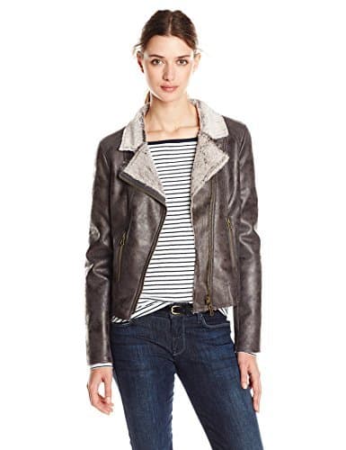 ANORAK Women's Faux Shearling Moto Jacket, Charcoal, Small