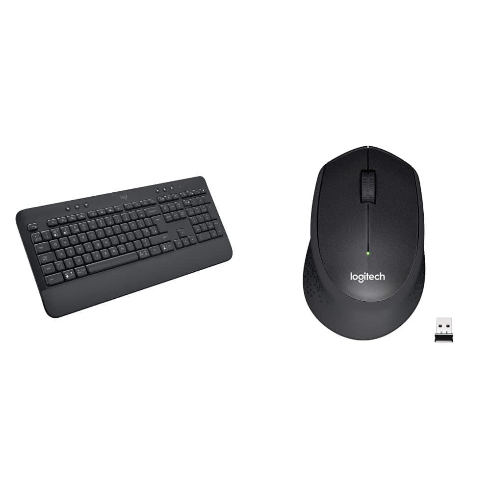 Signature K650 Wireless Keyboard with Wrist Rest, Full-Size, BLE Bluetooth or Logi Bolt USB, Grey & M330 SILENT PLUS Wireless Mouse, 2.4GHz with USB Nano Receiver, Black