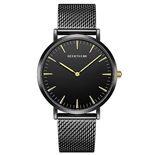 Tamlee Mens Black Plated Slim Case Mesh Stainless Steel Band Waterproof Watches for Men (TM-8001-B-G-B)