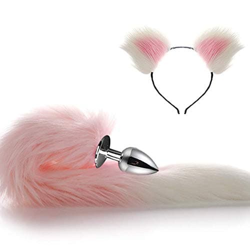 Fox Tail Cat Ear Pink White Metal as A Love Gift Toy for Women Plush Cosplay Role Party in Youpin Costume Dress Up Halloween (B, S)