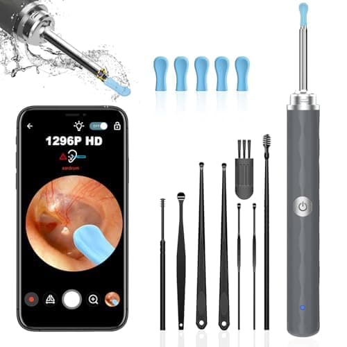 Ear Wax Removal Tool Camera, (1296P) Ear Cleaner with Light and Camera Ear Wax Cleaner with 8pcs Ear Set, Earwax Removal Kit Compatible with iPhones, iPad, Android Phones,Grey…