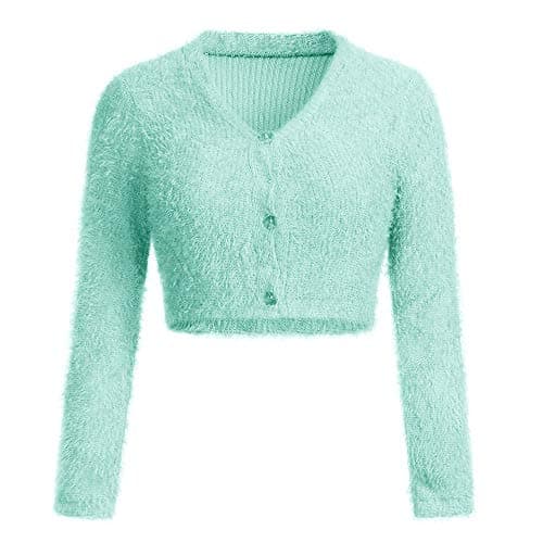 KaiCran Womens V-Neck Button Fluffy Mohair Long Sleeve Knit Crop Top Cardigan Sweater Tops