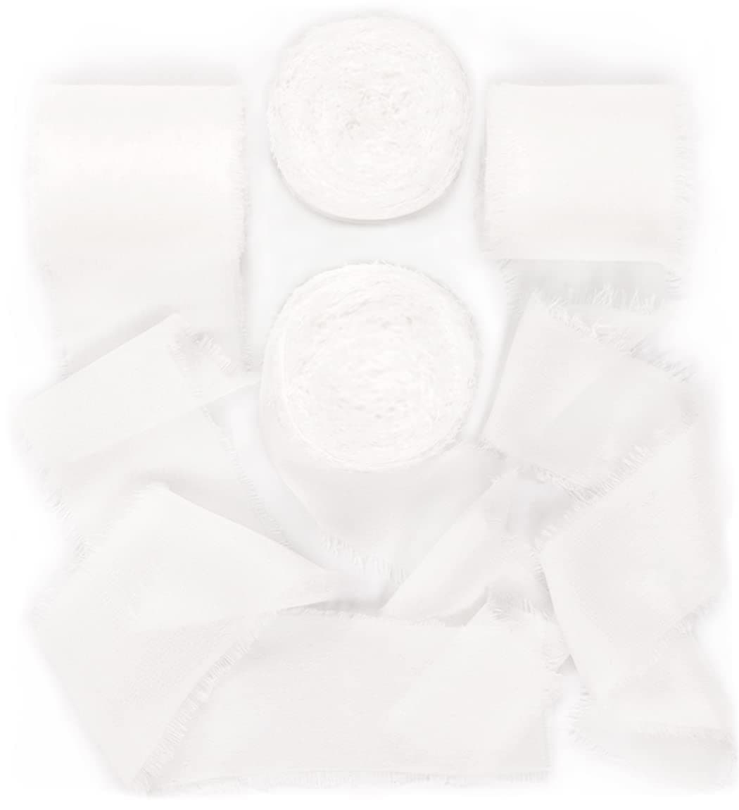 Socomi Ivory Handmade Fringe Chiffon Silk Ribbon 1-3/4" x 7Yd 4 Rolls Frayed Ribbons for Wedding Invitations Bridal Bouquets Wrapping