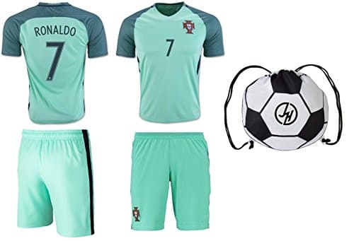 Portugal Ronaldo #7 Soccer Jersey Shorts 3 in 1 Multiple Gift Kit Kids Youth Sizes YL YM YS (Youth Medium 8 to 10 Years, Away Teal - Backpack Gift Set)