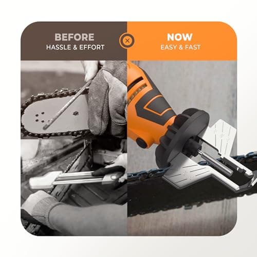 Electric Chainsaw Sharpener Kit - Comes with Chain Saw Sharpener Tool, 4 File Size Diamond Sharpening Wheels, Angle Attachment, Wrench & eBook.