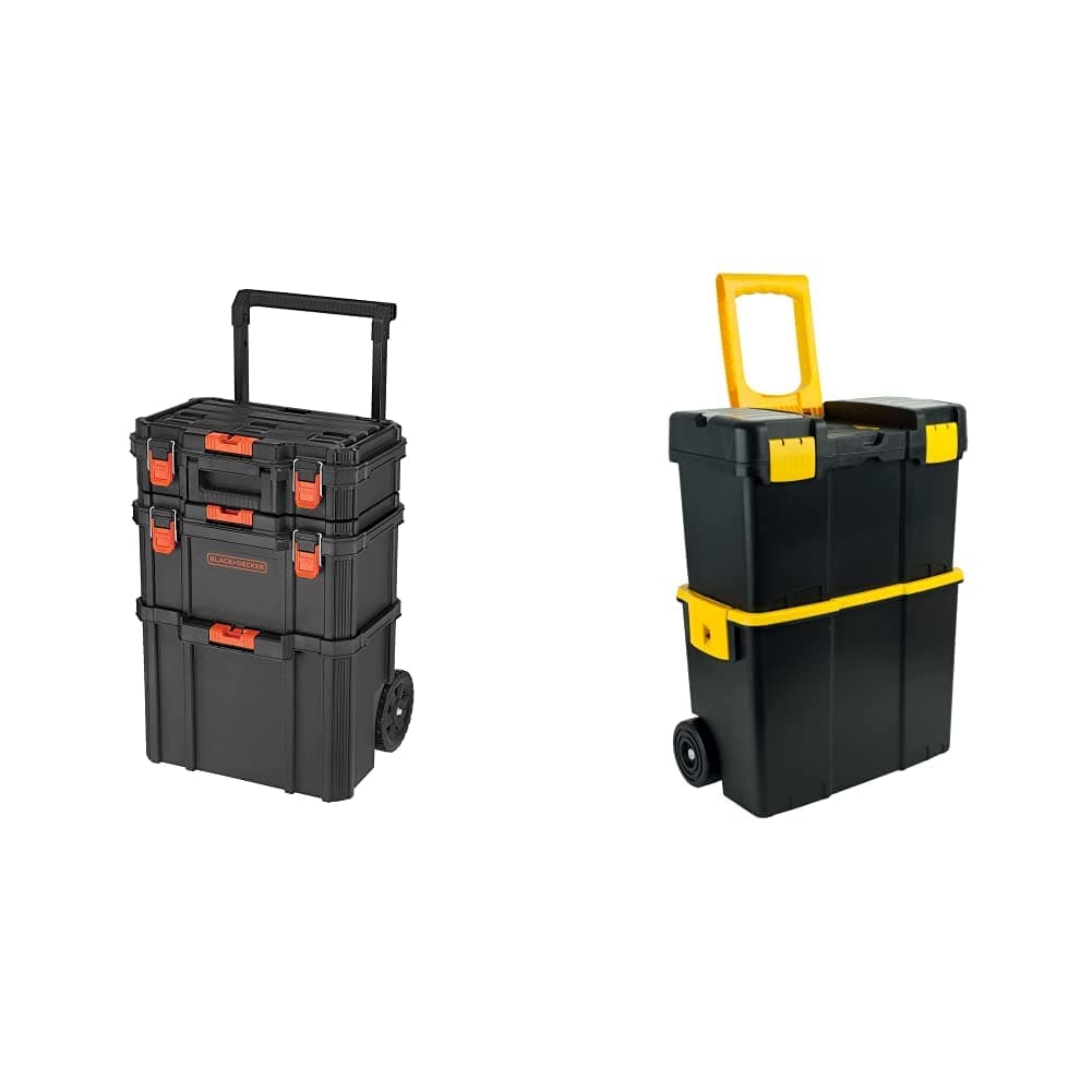 beyond by BLACK+DECKER BLACK+DECKER Stackable Storage System – Portable Rolling Plastic Tool Chest and Latching Box for Power Hand Tools, Quiet Wheels for Jobsite Mobility