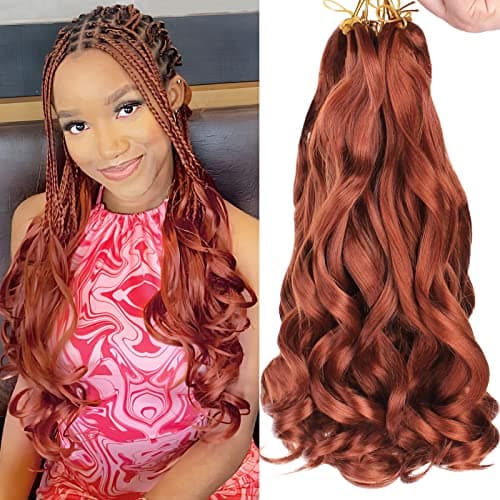 COOKOO 14 Inch 2 Packs Copper Red Pre-stretched French Curly Braiding Ginger Spanish Curls Synthetic Braids Hair Bouncy Loose Wave Crochet Box Braids Curly Ends for Black Women 350#