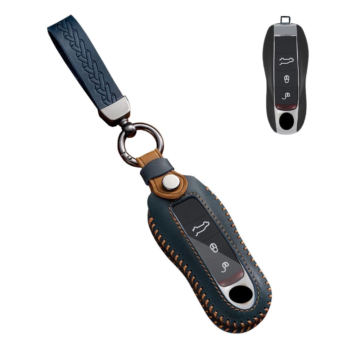 SANRILY FLL Production Leather Key Fob Cover for Porsche 911 Macan 2020 2021 Cayenne Panamera,718 Cayman/Boxster Keyless 3/4 Button Key Case Shell with Keychain Blue