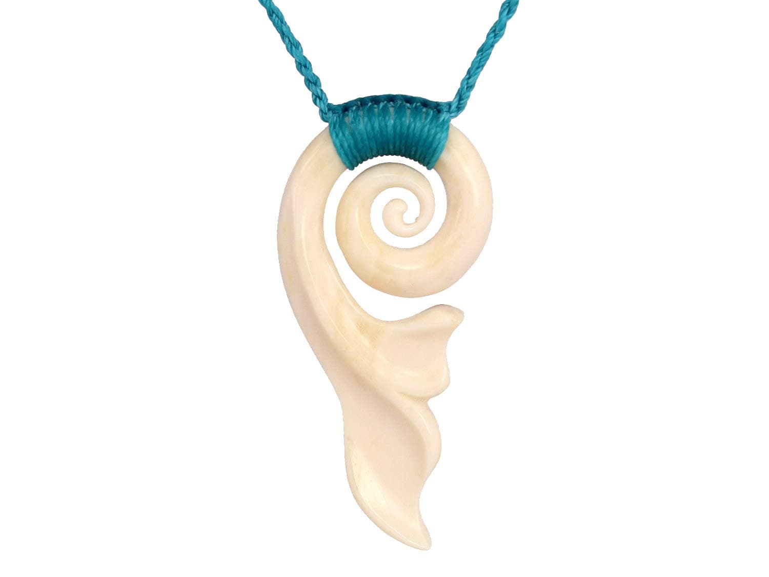 Maori Ocean Mermaid Ox Bone Spiral Waves Fish Tail Women's Jewelry, Blue Cord