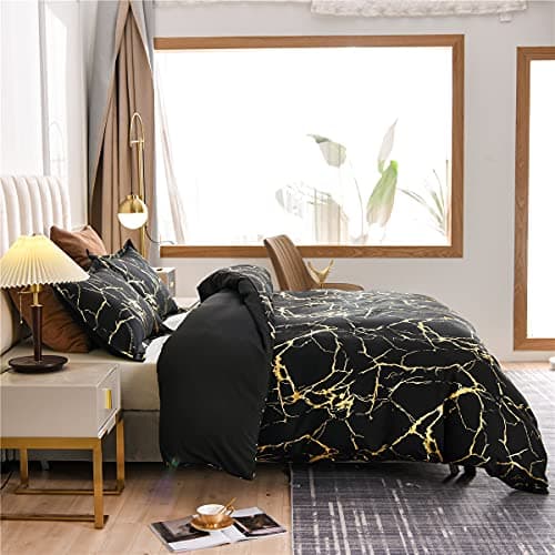 Holawakaka Gold Metallic Marble Comforter Set Twin Size Foil Print Glitter Bedding Sets,Black/Gold,Twin