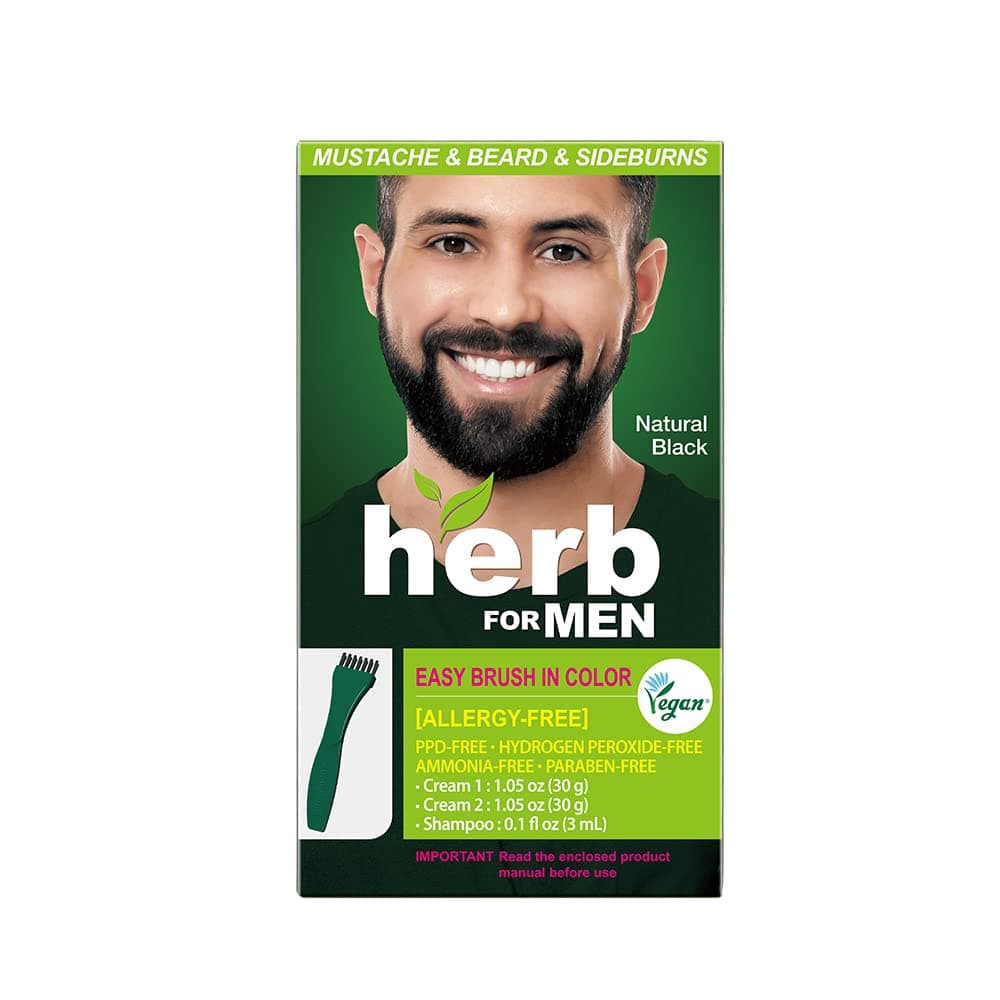 Herb For Men, PPD & Ammonia Free Mustache & Beard Dye, Vegan Natural Ingredients, Odorless, No More Skin Irritations from Coloring for Sensitive Skin – Natural Black.