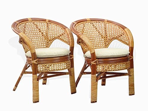 Set of 2 Pelangi Natural Rattan Wicker Dining Armchairs Handmade Design, Cognac