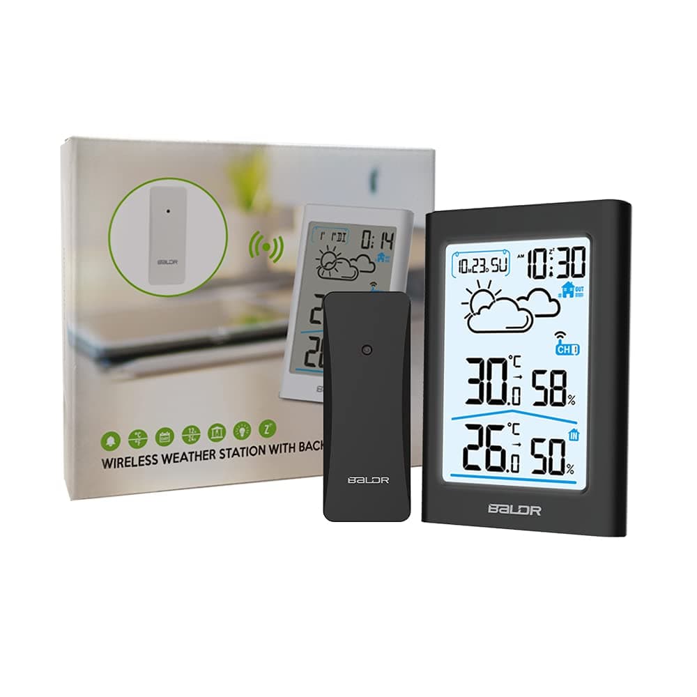 Wireless Digital Weather Station Clock- Indoor Outdoor Thermometer Wireless Home Weather Station with Temperature Monitor, Humidity Guage, Time & Date - White Backlight LCD Display, Black