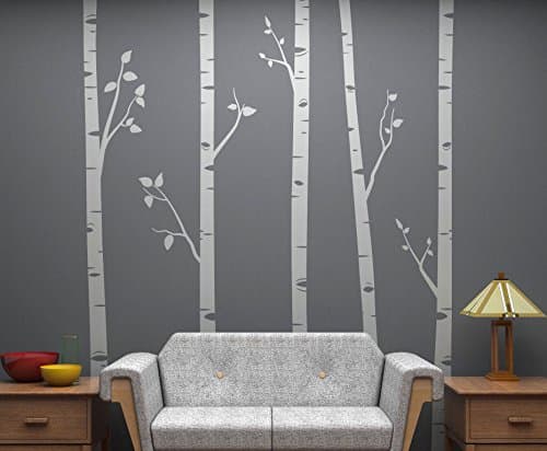 Set of 5 Birch Trees with Branches, 8 Feet Tall Each! Full Wall Birch Tree Scape - Removable Vinyl Decals - Stickers for Home Decorating and Interior Design - Light Grey