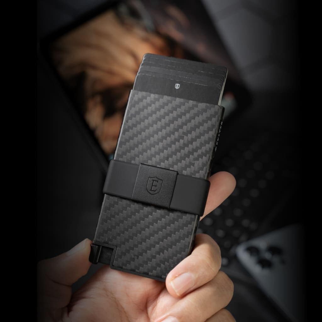 The Ekster Carbon Card Holder Smart Wallet is built for quick access, carbon fiber
