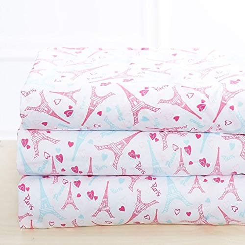 Elegant Homes Multicolors White Pink Paris Eiffel Tower Bonjour Design with Hearts 4 Piece Printed Queen Sheet Set with Pillowcases Flat Fitted Sheet for Girls/Kids/Teens # Juvy Pink (Queen Size)