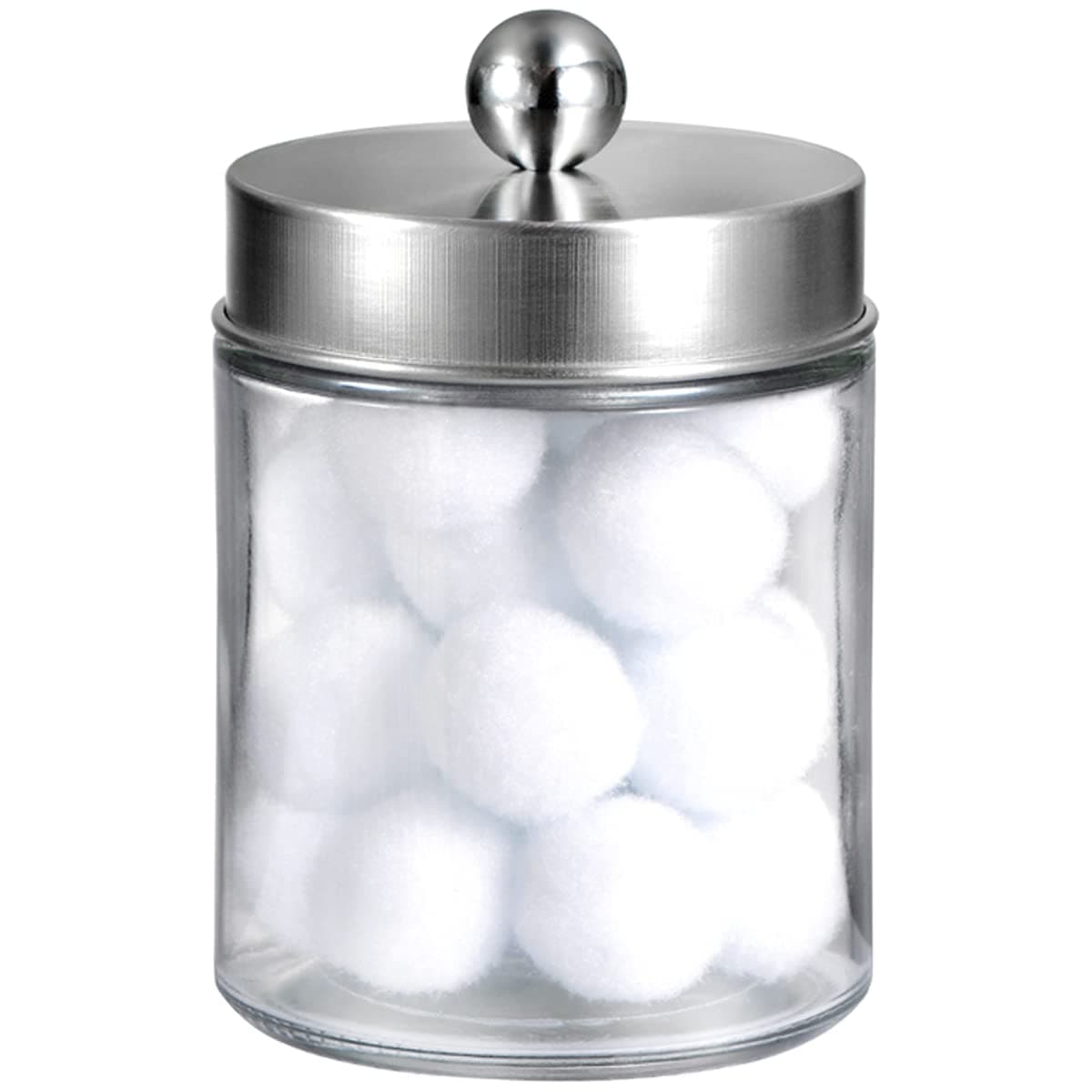 Apothecary Jars Bathroom Vanity Organizer -Countertop Canister Jar with Storage Lid - Qtip Dispenser Holder Glass for Qtips,Cotton Swabs,Makeup Sponges,Hair Band - Brushed Nickel (1 Pack)