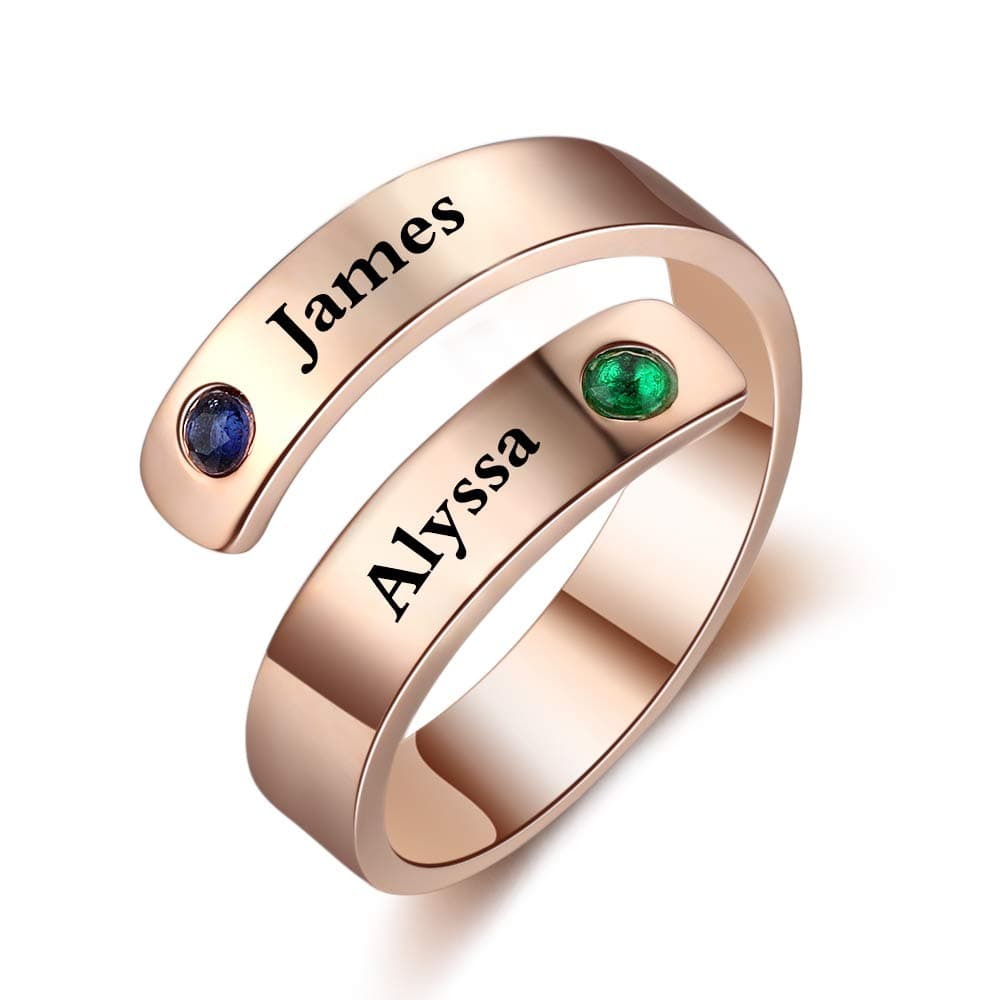 Personalized Promise Rings for Her Free Engraving Spiral Twist Name Ring with 2 Simulated Birthstones Jewelry Ring Gifts for Women Girlfriend