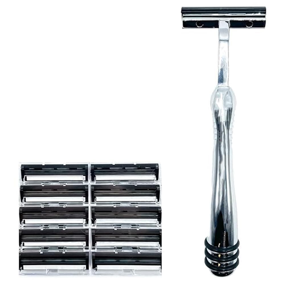 All Metal Trac 2 (Trac II, G2, G II) Compatible Razor Handle and 10 Twin Blade Cartridges