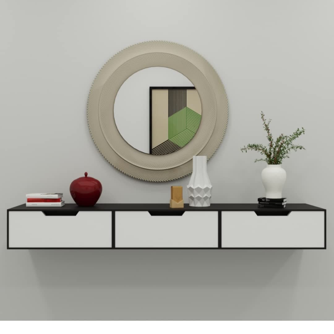 vudy Exclusively Launched Engineered Wood Wall Shelf with Drawer for Living RoomStorage & Home Decorative Items with 3 Drawers Wall Mounted Cabinet Style Decorative Shelves Pack of 1 (Black & White)