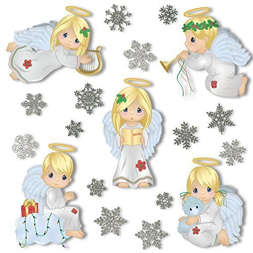 Articlings Christmas Angel Window Clings With 28 Glitter Snowflakes - Glueless PVC Stickers