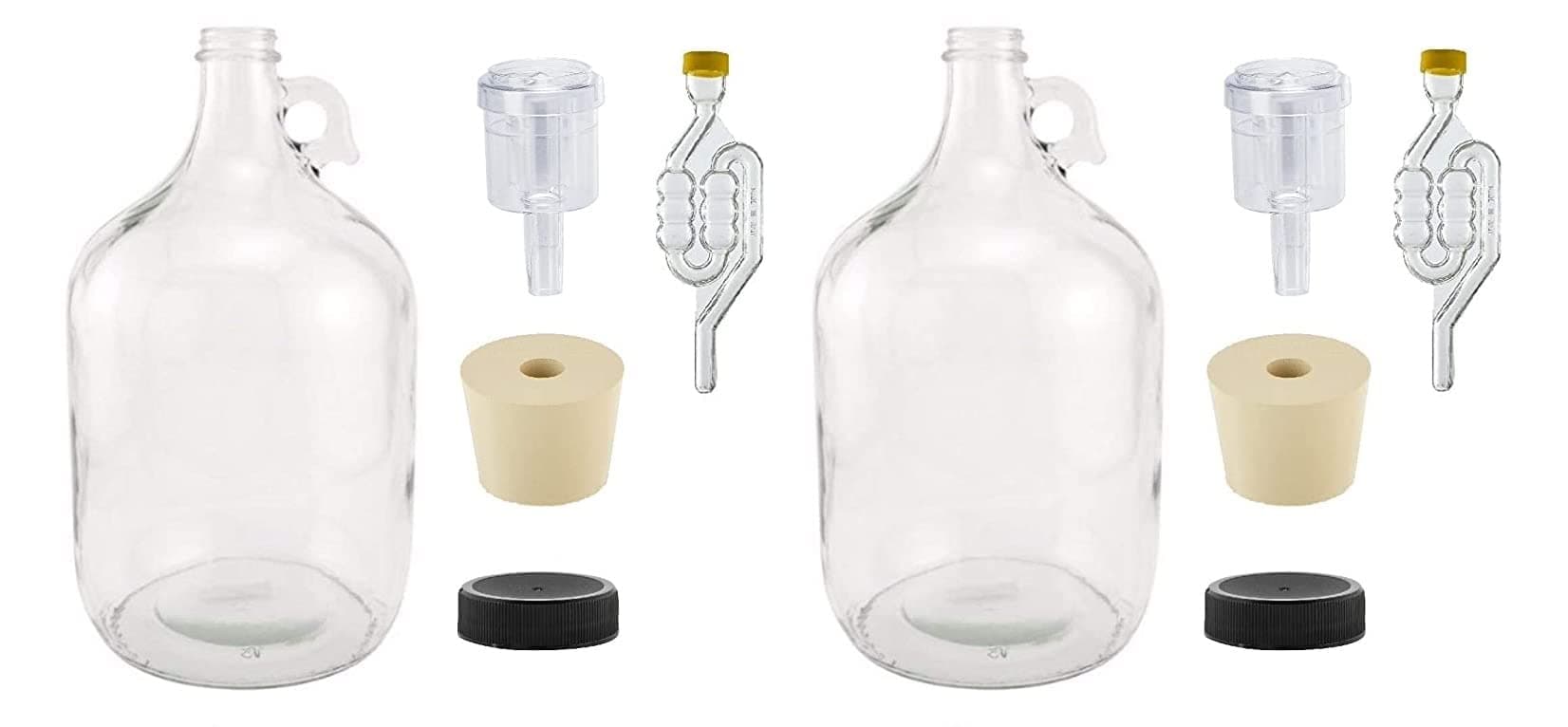 North Mountain Supply 1 Gallon Glass Fermenting Jug with Handle, Size 6.5 Rubber Stopper, 6 Bubble Airlock, 2 Piece Airlock, Black Plastic Lid, Set of 2