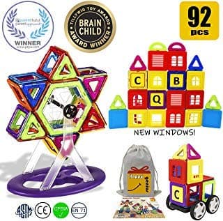 Happy Genius Magnetic Building Blocks Toys for Kids 92 PCS Educational Tiles Magnet & Learning Pieces Block Set for Children Toddlers Boys Girls STEM Toys for 3 Year Olds Storage Bag for Magnets Kit