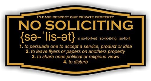 No Soliciting Sign with Annunciation and Definition (6" x 12")