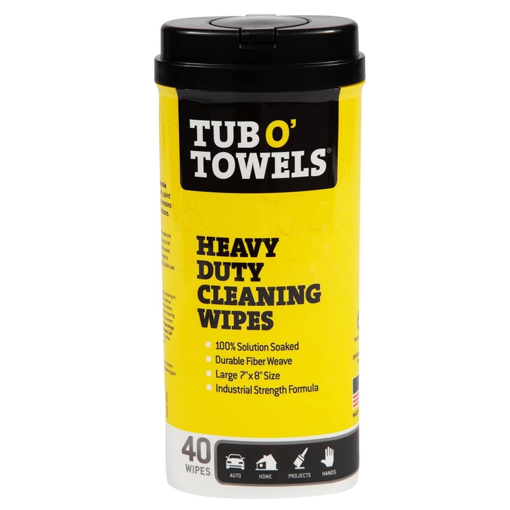 Tub O' Towels Heavy-Duty Multi-Surface Cleaning Wipes, 7" x 8", 40 Count Canister, Removes Grease, Grime, and Tough Stains, Durable Disposable White Wipes for Home, Garage, and Outdoor Cleaning Tasks