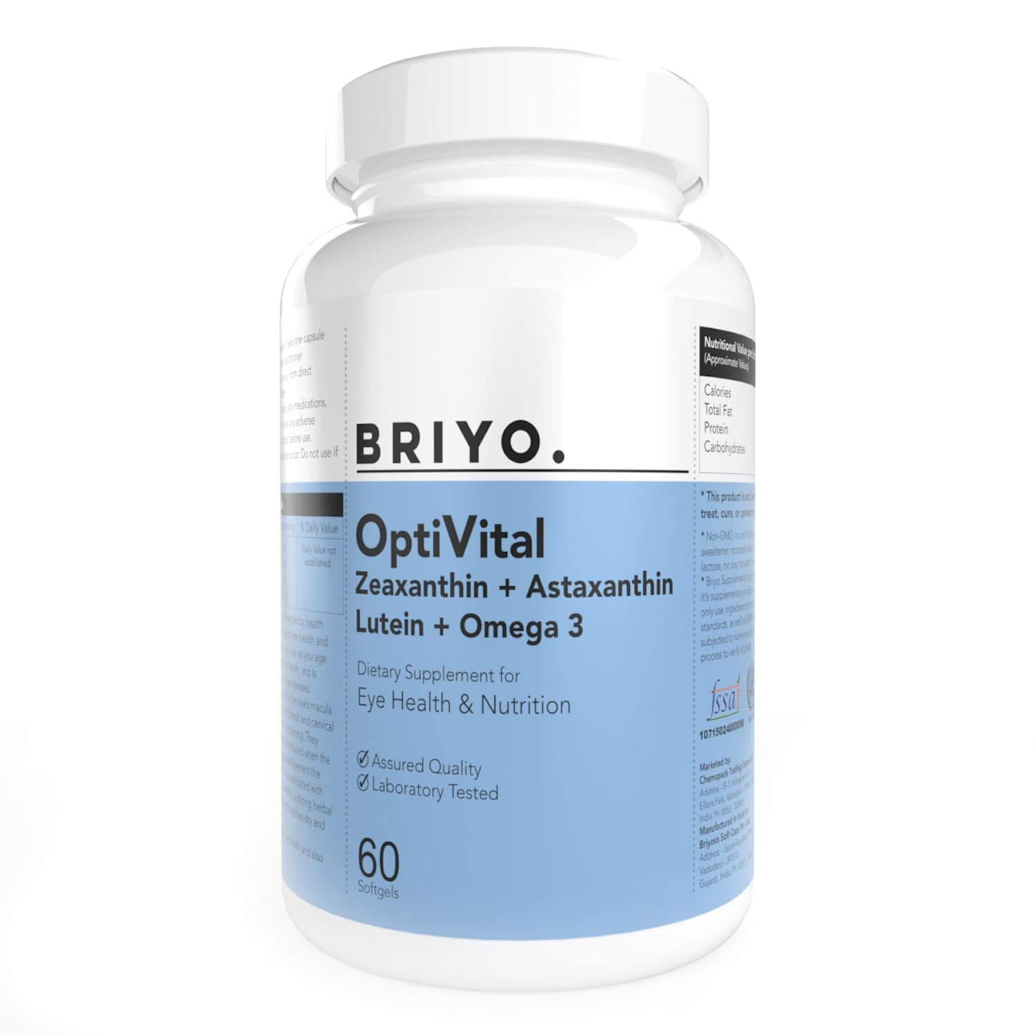 Briyo OptiVital Eye Health Supplement – Lutein, Zeaxanthin, Astaxanthin & Omega-3 from Natural Sources – Supports Vision, Retinal Health & Eye Strain Relief – 60 Capsules