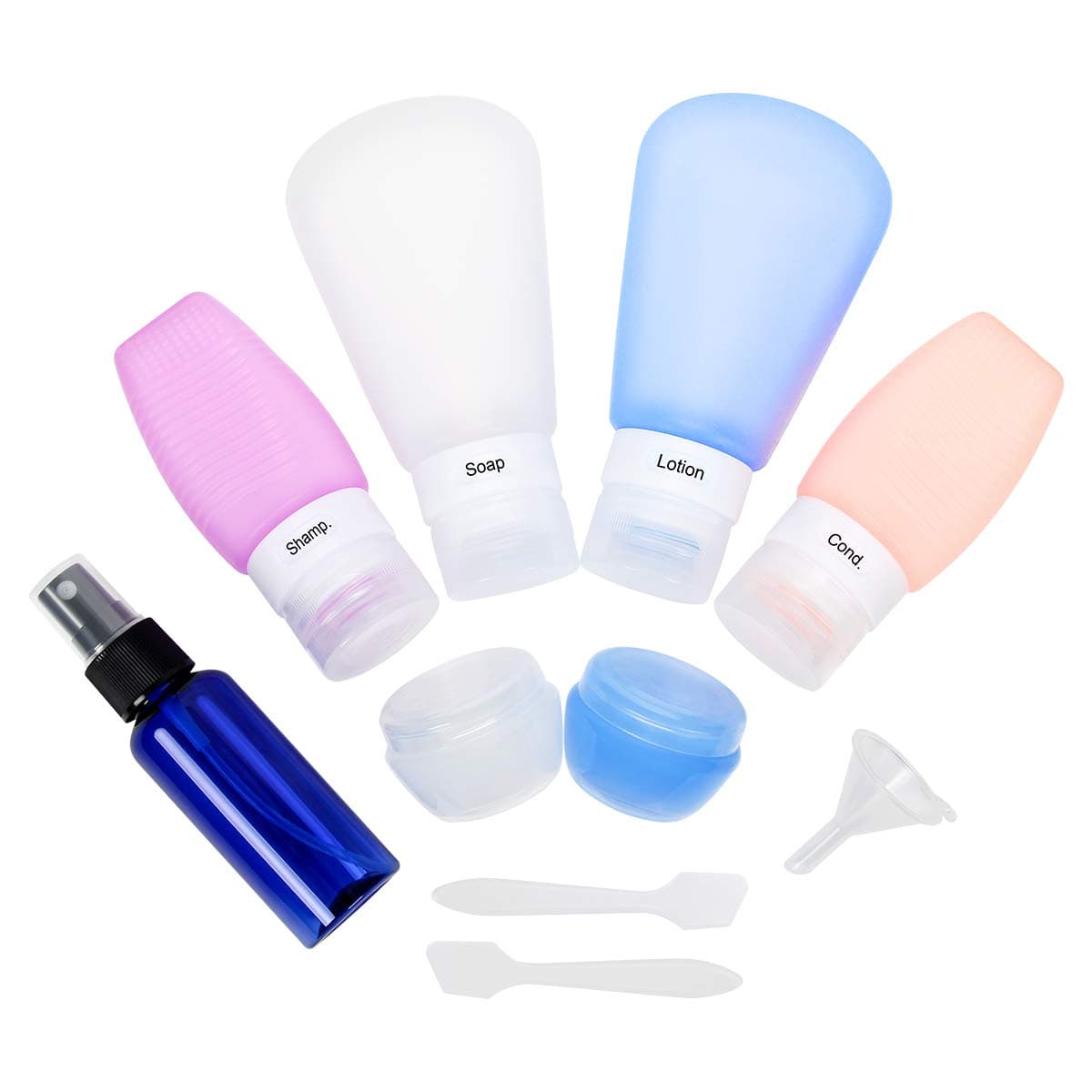 Travel Bottles 10Pcs, BELICOO Squeezable Leakproof Silicone Refillable Containers 89ml 48ml for Shampoo/Cosmetics/Sun Cream Spray Bottle, Funnel, Cream Jar, Cream Scoop