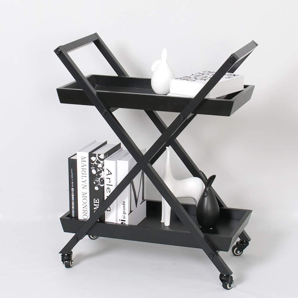 2 Tier Rolling Utility Cart Storage,vintage Serving Cart Solid Wood Metal Bar Cart On Wheels Kitchen Island Home Bedroom Black