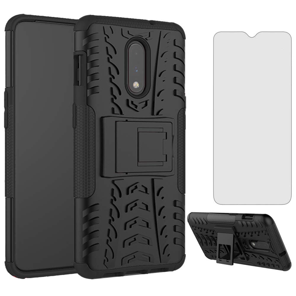 Phone Case for Oneplus 7 6T with Tempered Glass Screen Protector Cover and Kickstand Hard Rugged Hybrid Accessories Oneplus6T A6013 1 One 1plus One+ 1+ 1+6T Oneplus7 Plus6T Plus7 Plus Seven Men Black