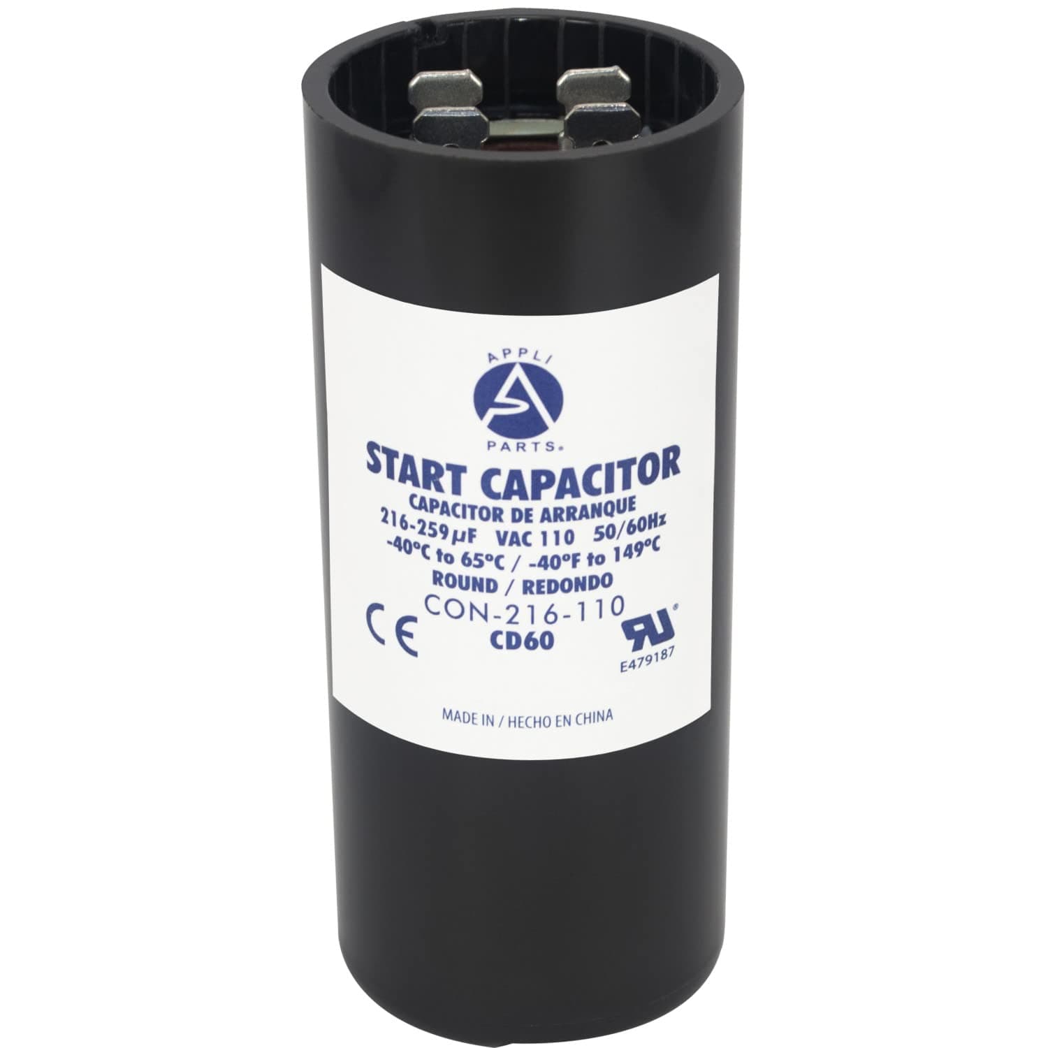 Appli Parts Condensador Capacitor Arranque 216-259 Mfd (microfaradios) uF 110-125 VAC remplazo universal para motores electricos de distintas aplicaciones 3.7cm Diametro 8.6cm Alto CON-216-110