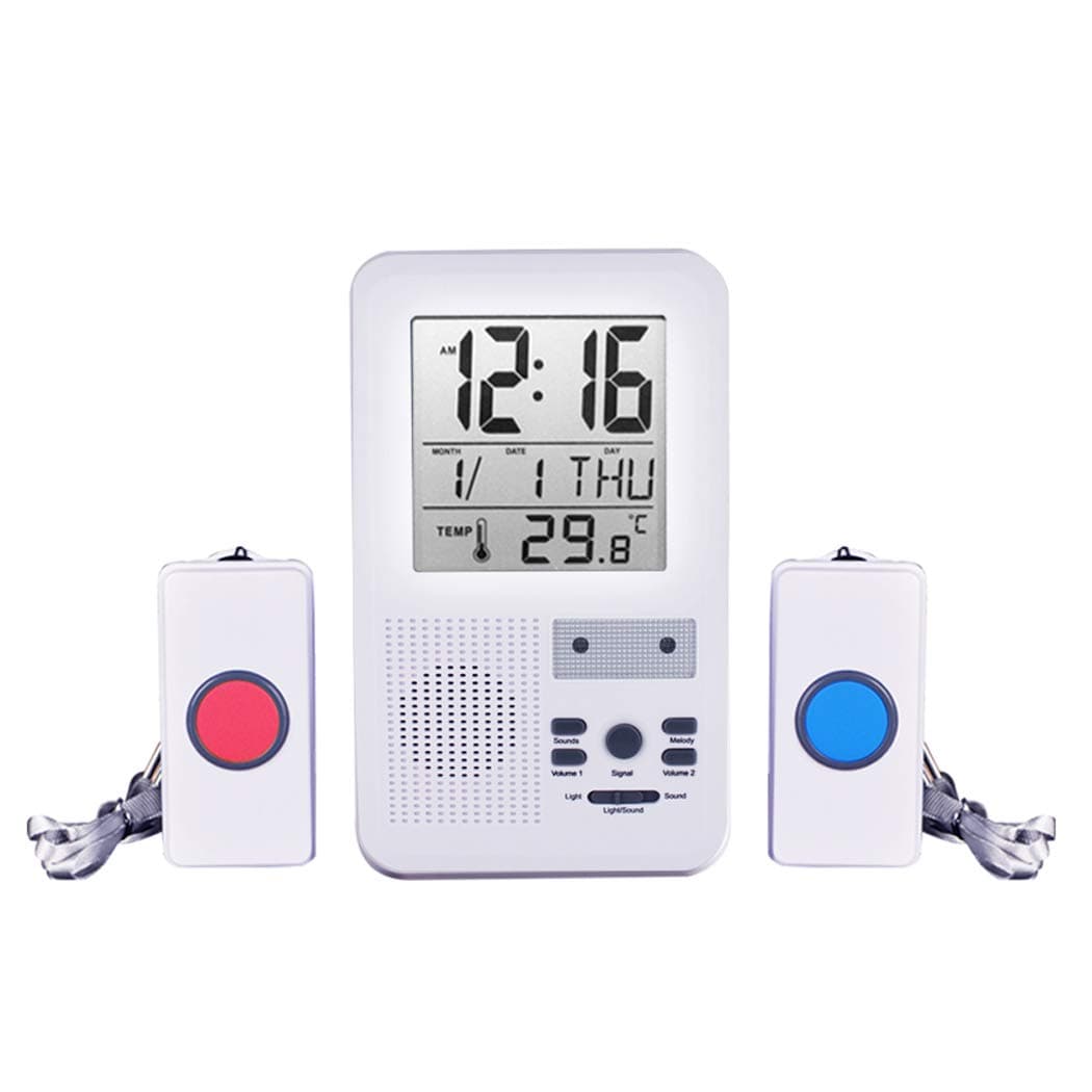 ALEENFOON Patient Alert Alarm System Wireless Pager Home Safety Emergency Call Button Doorbell Kids Handicapped Elderly Monitor Caregiver Personal Pager with Thermometer Alarm Clock Date Function